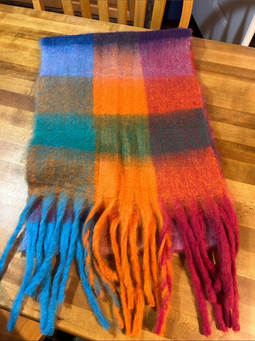 Multicolor Plaid Fringe Scarf/Wrap - Vibrant Orange, Pink, Blue, Teal, Purple